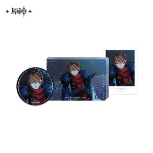 May include: A set of three Tartaglia character merchandise items from the video game Genshin Impact. The set includes a clear acrylic keychain, a sticker, and a round button. The keychain and sticker feature a blue and purple background with a character illustration of Tartaglia in a red and black outfit. The button features a close-up of Tartaglia's face.