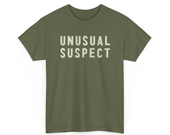 Unusual Suspect T-Shirt | Typography Graphic Tee, Black Crewneck