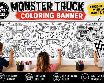 Personalized Monster Truck Coloring Banner, Giant Birthday Party Activity Poster