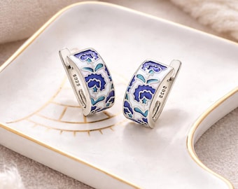 Sterling Silver Blue Flower Enamel Hoops: Hypoallergenic Earrings, 14mm