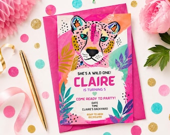 Wild One Birthday Invitation, Pink Leopard Safari Party Invite (Digital Download)