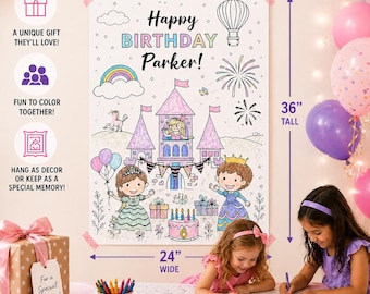Póster personalizado para colorear de cumpleaños de princesa, pancarta de actividades para fiestas de 24x36
