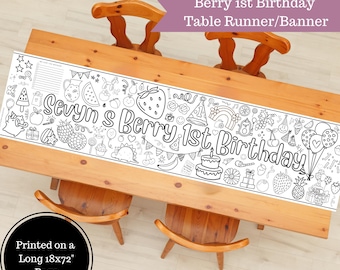 Personalized Berry 1st Birthday Coloring Table Runner, Kids Party Activity Banner 20x72"