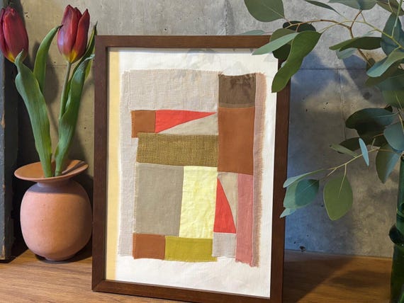 Framed Linen Patchwork Art - Handmade Bojagi-Inspired Textile Decor, Minimalist Fabric Wall & Tabletop Artwork, Unique Gift  25x20cm