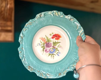 Turquoise Floral Gold Trim Victorian Inspired Heavy Plate, Anthropologie ‘Grace’ Brand