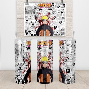 May include: Three stainless steel tumblers with a black and white manga style print featuring the character Naruto. The tumblers have a black and white print of the character Naruto and the text "Naruto" in red.