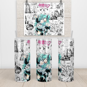 May include: A white stainless steel tumbler with a black and white manga-style design featuring a female anime character with turquoise hair. The design includes the Japanese text "Hatsune Miku".