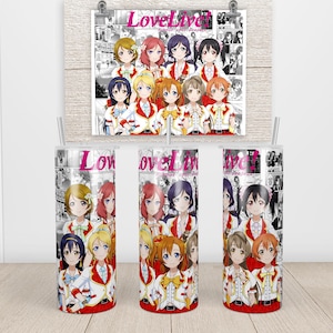 May include: Set of three clear tumblers with a black and white anime design featuring a group of girls with the text "Love Live!" printed on the tumblers.