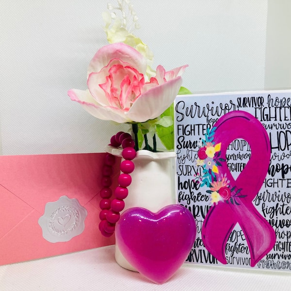 Breast cancer care package, Survivor gift, Breast cancer gift, Remission gift, Care package, Resin heart, Beaded bracelet, celebration gift