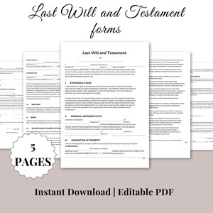 Può includere: Un set di cinque moduli stampabili di testamento. I moduli sono bianchi con testo nero e le parole "Last Will and Testament" sono ben visibili. L'immagine include anche il testo "Instant Download | Editable PDF".