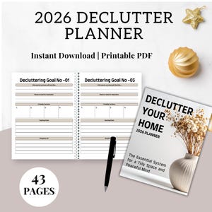 Può includere: Un pianificatore di decluttering 2026 con il testo "Declutter Your Home" e "The Essential System for a Tidy Space and Peaceful Mind." Il pianificatore include 43 pagine ed è disponibile per il download immediato come PDF stampabile.