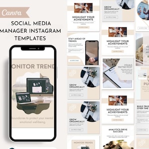 Può includere: Una collezione di modelli Instagram Canva per social media manager. L'immagine presenta uno smartphone che mostra uno schermo di computer e un laptop. Il testo include "Monitor Trends", "Highlight Your Achievements" e "Grow Organically".