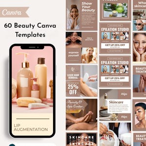 Può includere: Uno smartphone mostra un modello Canva a tema bellezza e spa. Lo schermo mostra prodotti per la cura della pelle, tra cui flaconi e una saponetta. Il testo include "60 Modelli Canva Bellezza", "Aumento labbra" e offerte promozionali.