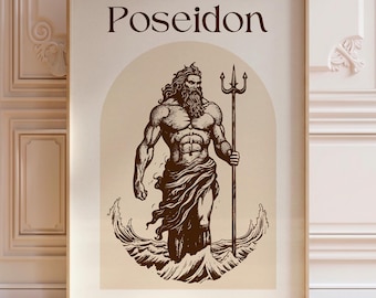 May include: A vertical rectangular wall art print featuring a dark brown illustration of the Greek god Poseidon holding a trident while standing in stylized waves. The word Poseidon is printed in a dark brown serif font above the figure.