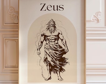 May include: A rectangular wall art print featuring a dark brown line drawing of the Greek god Zeus standing within a light beige arch shape. The word Zeus is printed in a dark brown serif font above the illustration of the bearded figure.