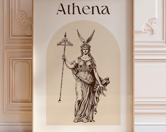 May include: A rectangular wall art print featuring a dark brown line drawing of the Greek goddess Athena centered within a light beige arch. The figure wears a winged helmet and holds a tall staff. The word Athena is printed in dark brown text.