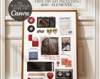 Bewerkbare postersjabloon matchbook, afdrukbare canvas muurkunst op canvas, aangepaste luciferdoosje Valentijnsdag, jubileum en cadeau stel, 400+ elementen