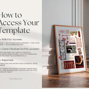 Op de afbeelding: Een ingelijste collage met een houten frame, met verschillende romantische elementen. De collage bevat foto's, ticketstubs en de tekst "How to Access Your Template". Het kleurenpalet omvat rood, wit en bruin.