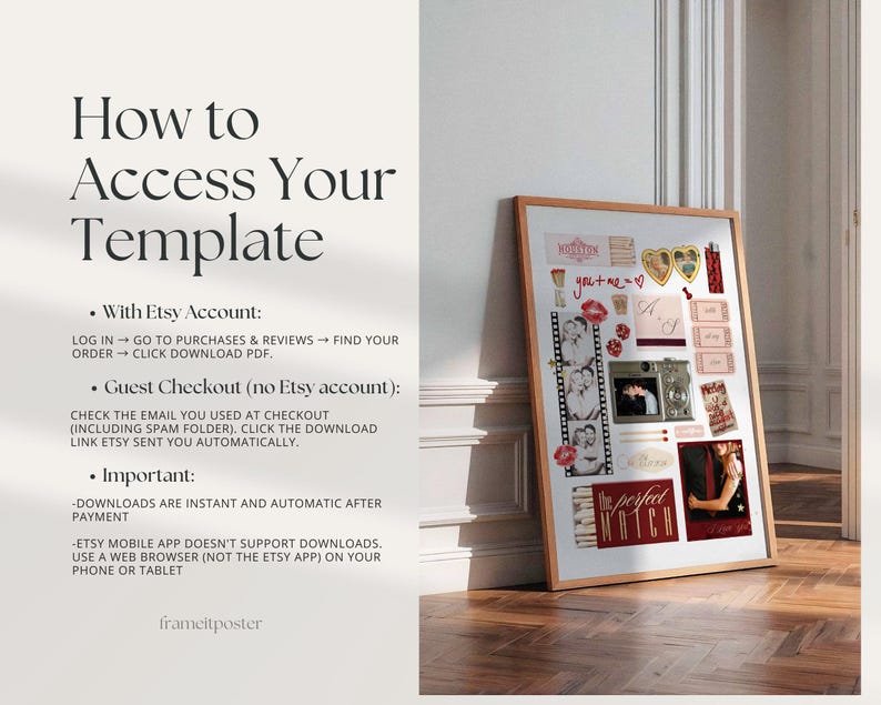 Op de afbeelding: Een ingelijste collage met een houten frame, met verschillende romantische elementen. De collage bevat foto's, ticketstubs en de tekst "How to Access Your Template". Het kleurenpalet omvat rood, wit en bruin.