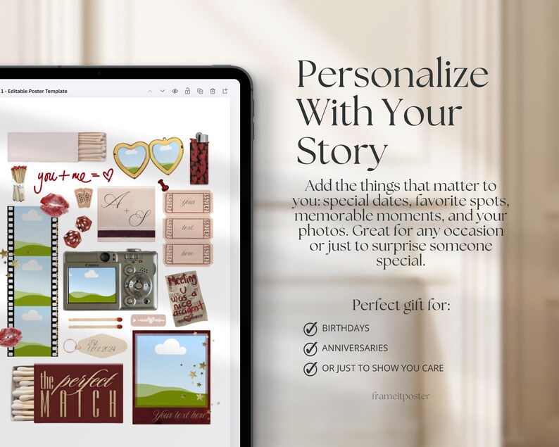 Op de afbeelding: Een digitale tablet toont een aanpasbare poster sjabloon met decoratieve elementen. Het ontwerp bevat harten, een camera en de tekst 'Personaliseer met je verhaal'. Perfect voor verjaardagen en jubilea.