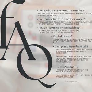 Op de afbeelding: Een FAQ voor een digitaal product met de letters F, A en Q in een groot, gestileerd lettertype. De tekst beantwoordt vragen over het gebruik van een Canva-sjabloon, inclusief aanpassing, downloaden en afdrukken. De achtergrond is een zachte, vage neutrale kleur.