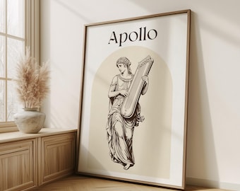 May include: A framed print with a beige background featuring a black and white line drawing of a woman playing a lyre. The text "Apollo" is printed in brown at the top of the print.