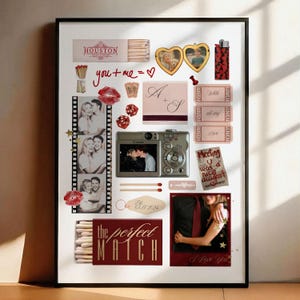 Può includere: Un collage incorniciato con elementi romantici. Include una scatola di fiammiferi con il testo "HOUSTON" e "the perfect MATCH", foto a striscia, una fotocamera, cornici a forma di cuore e la frase "you + me = ♥".