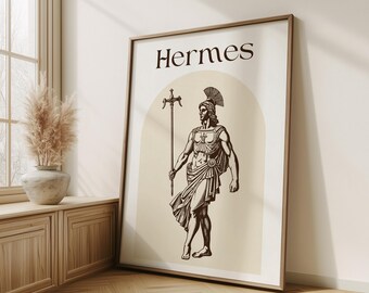 May include: A beige and brown poster with a drawing of Hermes, the Greek god of messengers, holding a staff. The poster has the word "Hermes" printed in brown at the top.