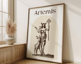 May include: A black and white illustration of Artemis, the Greek goddess of the hunt, with a deer and a staff. The illustration is on a beige background with the word "Artemis" in brown text at the top.