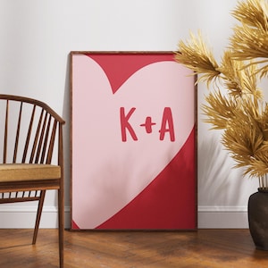 Benutzerdefinierte Paare Name Initial Print, Personalisierung Paar Initialen Wandkunst, Initialen Paar mit Herz, Schlafzimmer Physisches personalisiertes Poster
