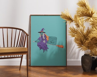 Witch Halloween Poster, Retro Halloween Poster, Vintage Horror Print, Comic Halloween Wall Art, Hallowen Home Decor, Halloween Party Gift