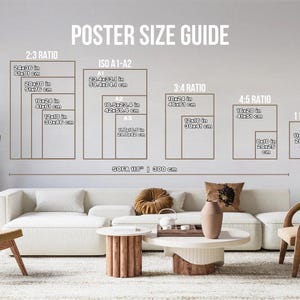 Puede incluir: Una gu&iacute;a de tama&ntilde;os de p&oacute;ster que muestra varias dimensiones en pulgadas y cent&iacute;metros para ratios 2:3, ISO A1-A3, 3:4, 4:5 y tama&ntilde;os 11x14. El texto incluye POSTER SIZE GUIDE y SOFA 118 inches, 300 cm, como referencia visual para arte mural.