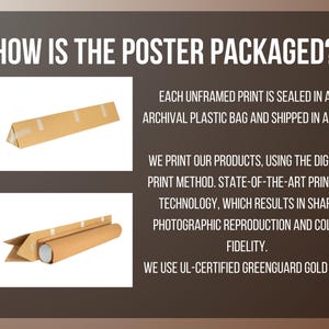 Puede incluir: Un gr&aacute;fico informativo titulado HOW IS THE POSTER PACKAGED? que muestra dos im&aacute;genes de tubos de env&iacute;o de cart&oacute;n marr&oacute;n. El texto explica que las impresiones sin marco se sellan en bolsas de pl&aacute;stico y se imprimen digitalmente con tintas.