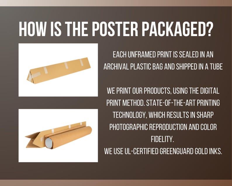 Puede incluir: Un gr&aacute;fico informativo titulado HOW IS THE POSTER PACKAGED? que muestra dos im&aacute;genes de tubos de env&iacute;o de cart&oacute;n marr&oacute;n. El texto explica que las impresiones sin marco se sellan en bolsas de pl&aacute;stico y se imprimen digitalmente con tintas.