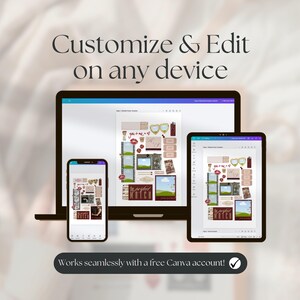 Op de afbeelding: Afbeelding met een laptop, tablet en smartphone die een ontwerpsjabloon weergeven. De tekst luidt "Customize & Edit on any device" en "Works seamlessly with a free Canva account!"