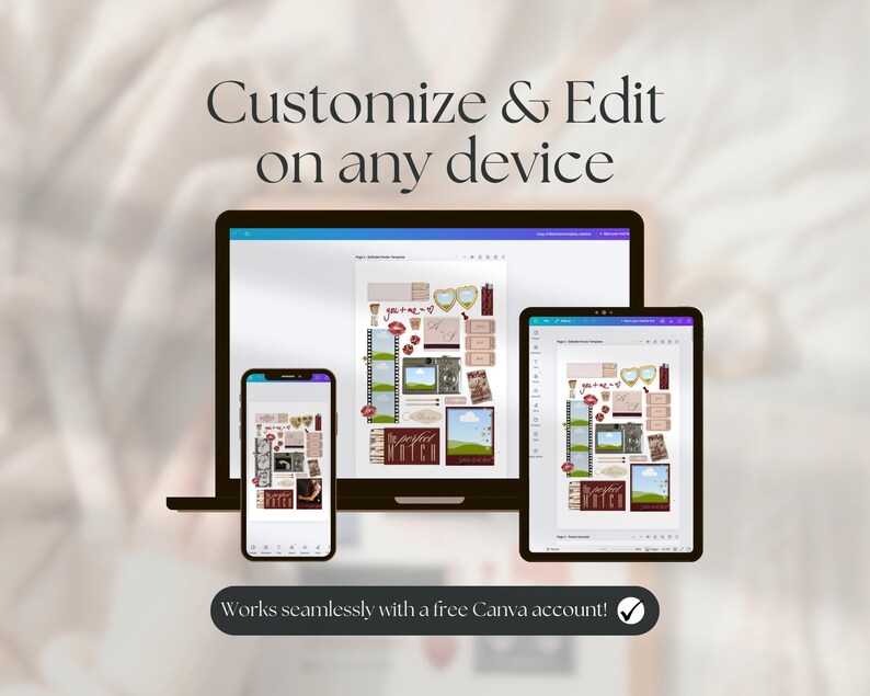 Op de afbeelding: Afbeelding met een laptop, tablet en smartphone die een ontwerpsjabloon weergeven. De tekst luidt "Customize & Edit on any device" en "Works seamlessly with a free Canva account!"