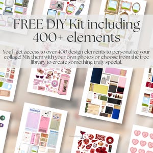 Op de afbeelding: Een verzameling digitale collage-elementen, waaronder frames, camera's en tickets, gerangschikt op witte achtergronden. De tekst "FREE DIY Kit including 400+ elements" is prominent aanwezig. De afbeelding toont diverse ontwerpelementen voor gepersonaliseerde collages.