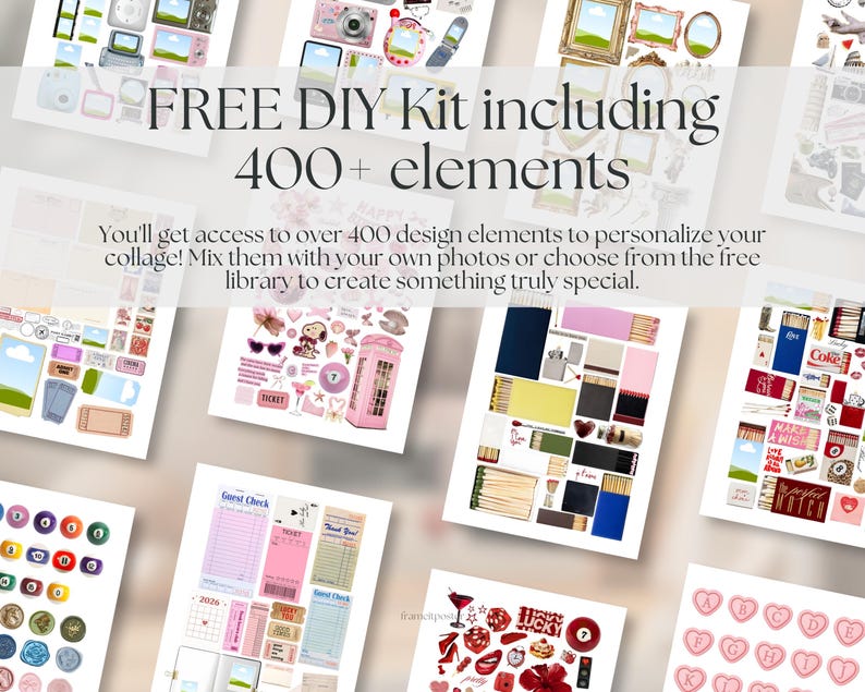 Op de afbeelding: Een verzameling digitale collage-elementen, waaronder frames, camera's en tickets, gerangschikt op witte achtergronden. De tekst "FREE DIY Kit including 400+ elements" is prominent aanwezig. De afbeelding toont diverse ontwerpelementen voor gepersonaliseerde collages.