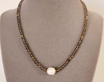 Choker- necklace with natural pearls and natural smoky quartz.  Jewelry for women.