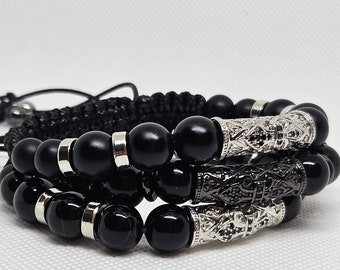 Pulsera de piedra de ágata negra natural trenzada hecha a mano
