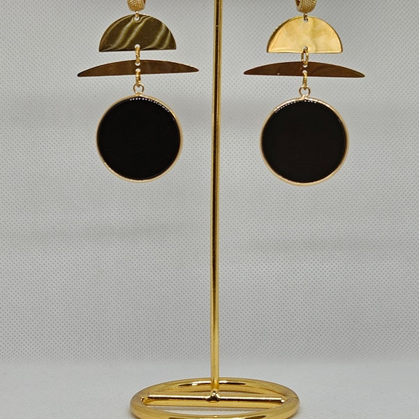 Earrings with Natural Black Agate Stone Pendant. Volumetric Long