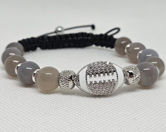 Beaded and Braided Handmade Men/Women American  Football  Bead Bracelet with Natural  Gray Agate and Hematite