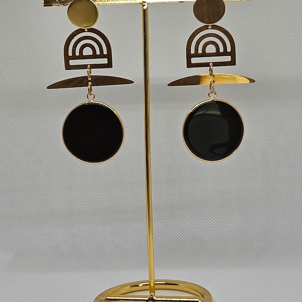 Earrings with Natural Black Agate Stone Pendant. Volumetric Long