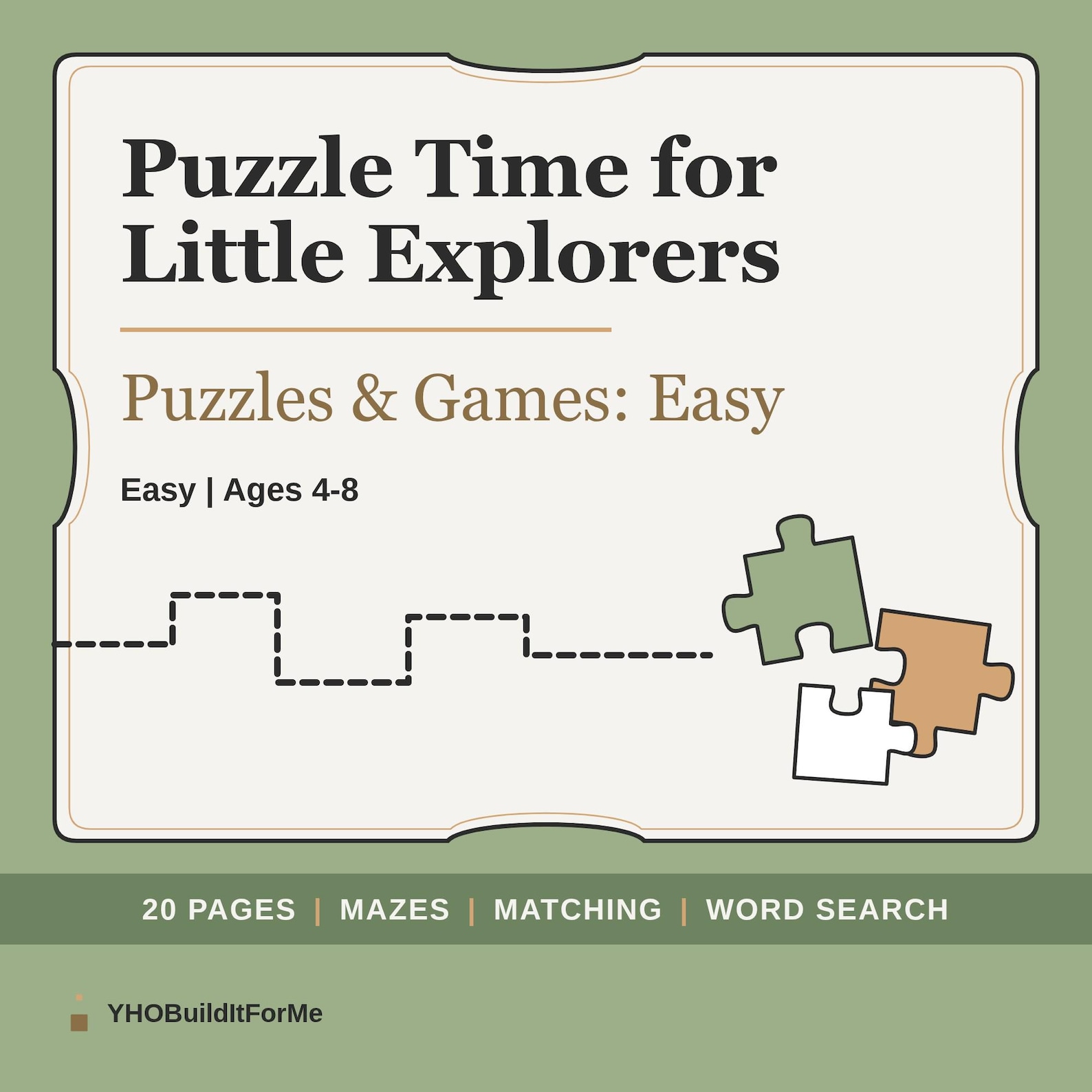 Easy puzzle book cover showing 20 pages of mazes, matching and word search