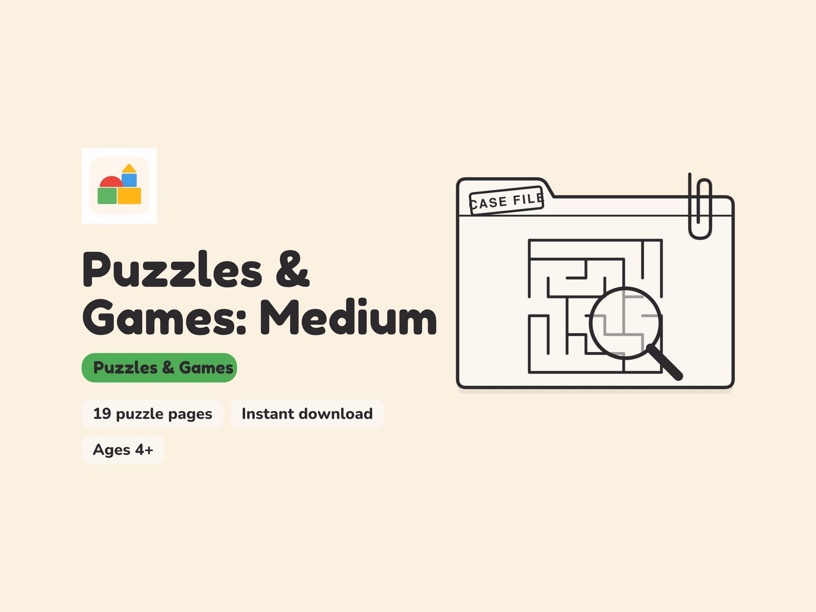 Medium puzzle book cover, 19 puzzle pages for ages 4+