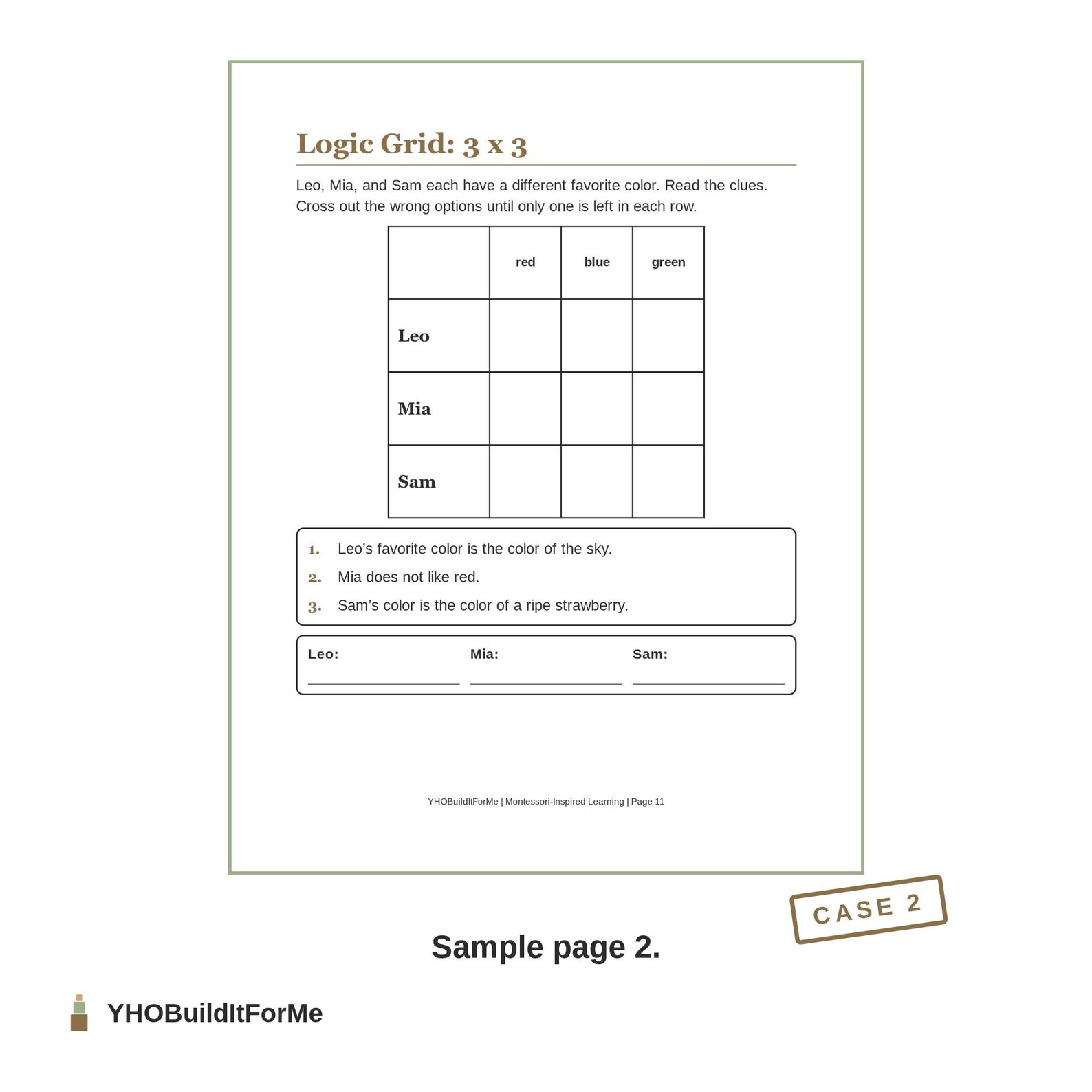 Logic grid page with three names to match to three colours