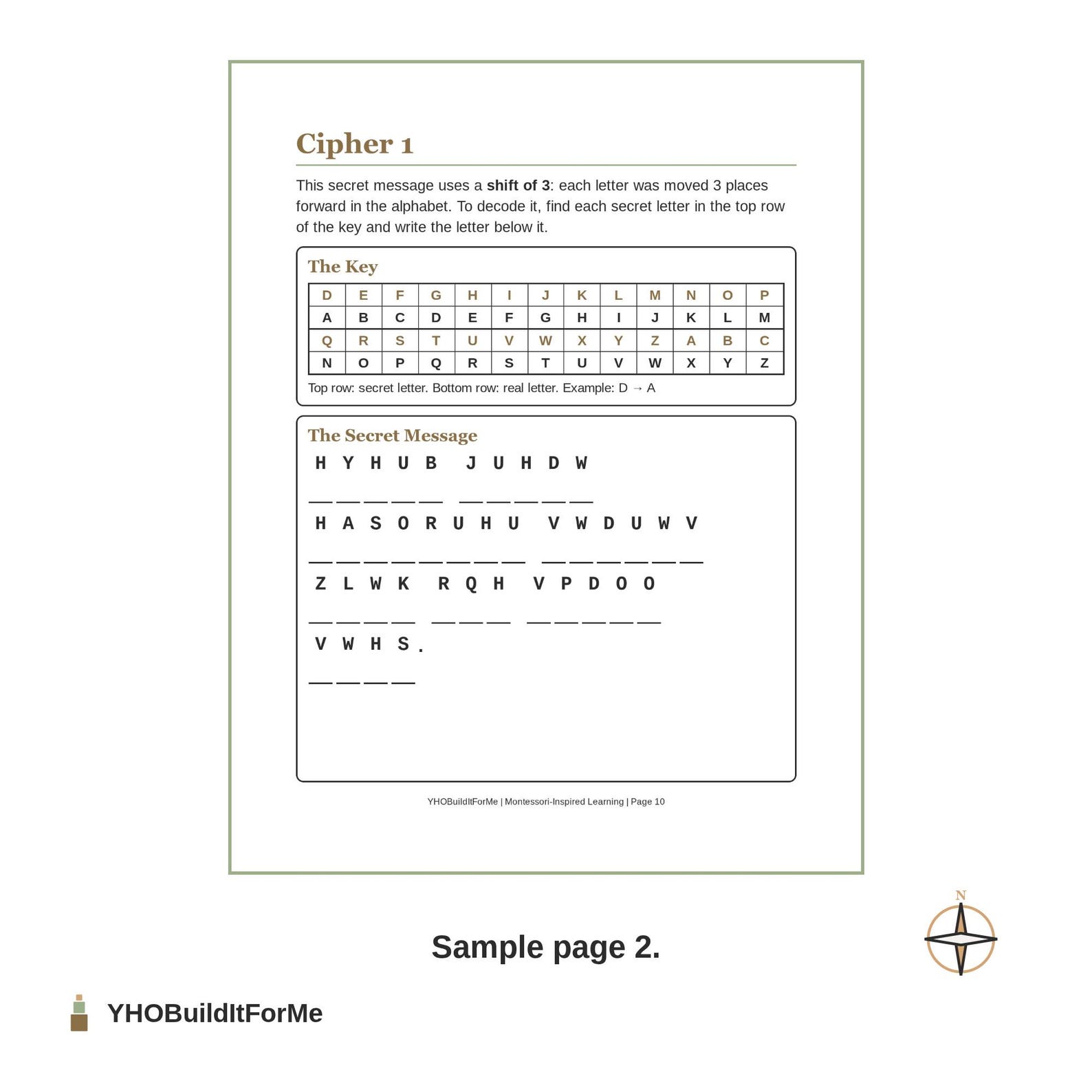 Cipher page with a shift key and a secret message to decode