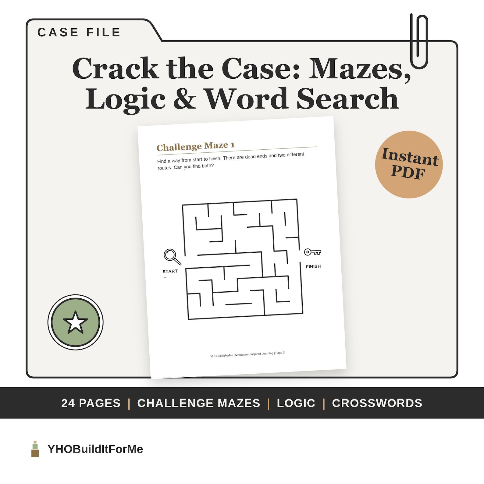 Challenge maze page with a magnifying glass at the start and a key at the finish