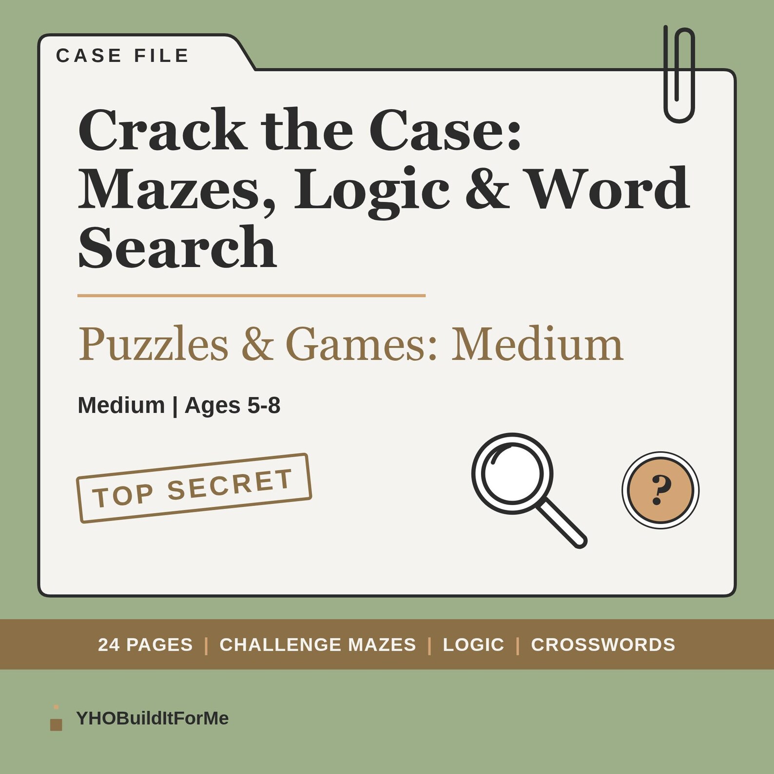 Case File cover of the Medium puzzle book showing 24 pages of challenge mazes, logic and crosswords