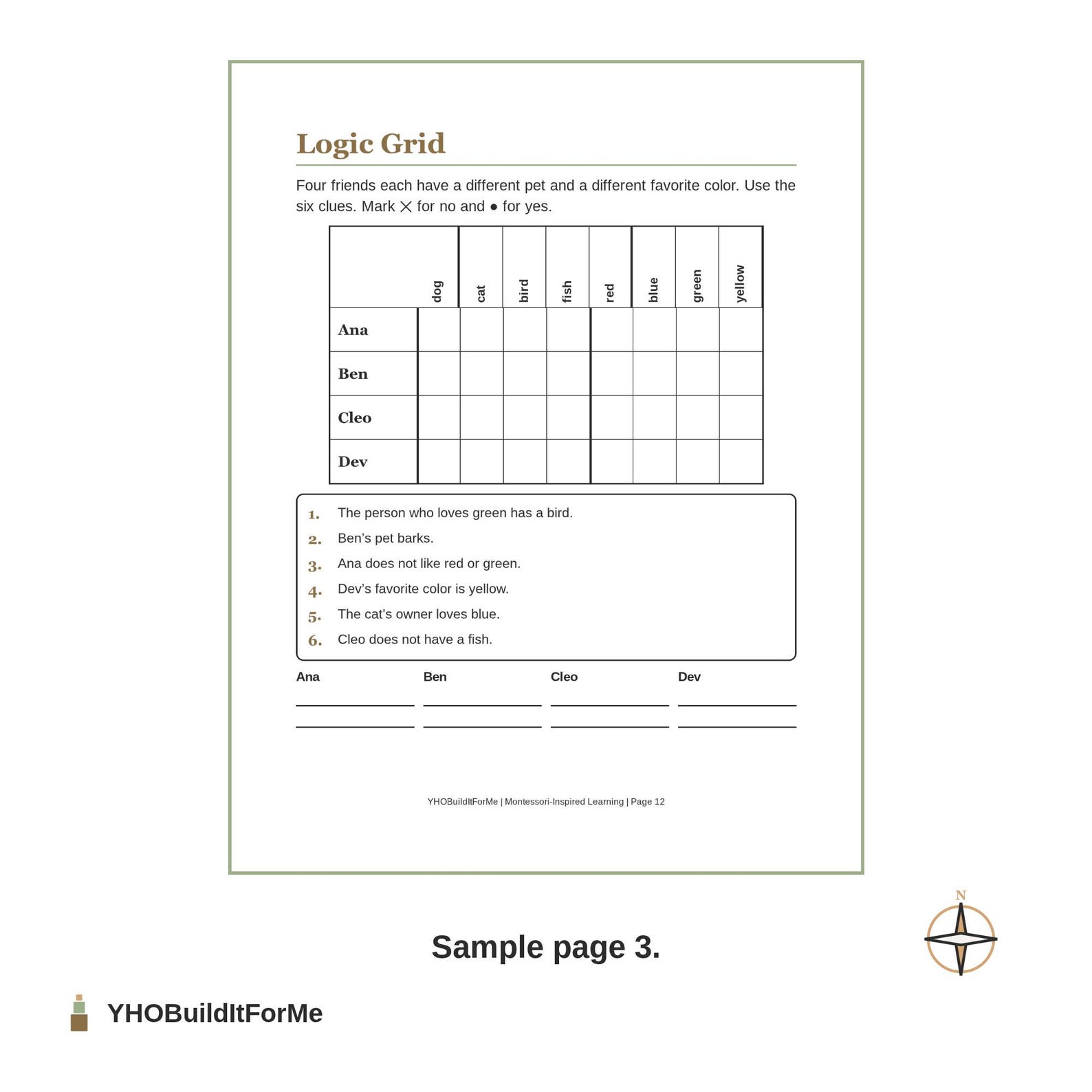 Logic grid page with four names and six clues